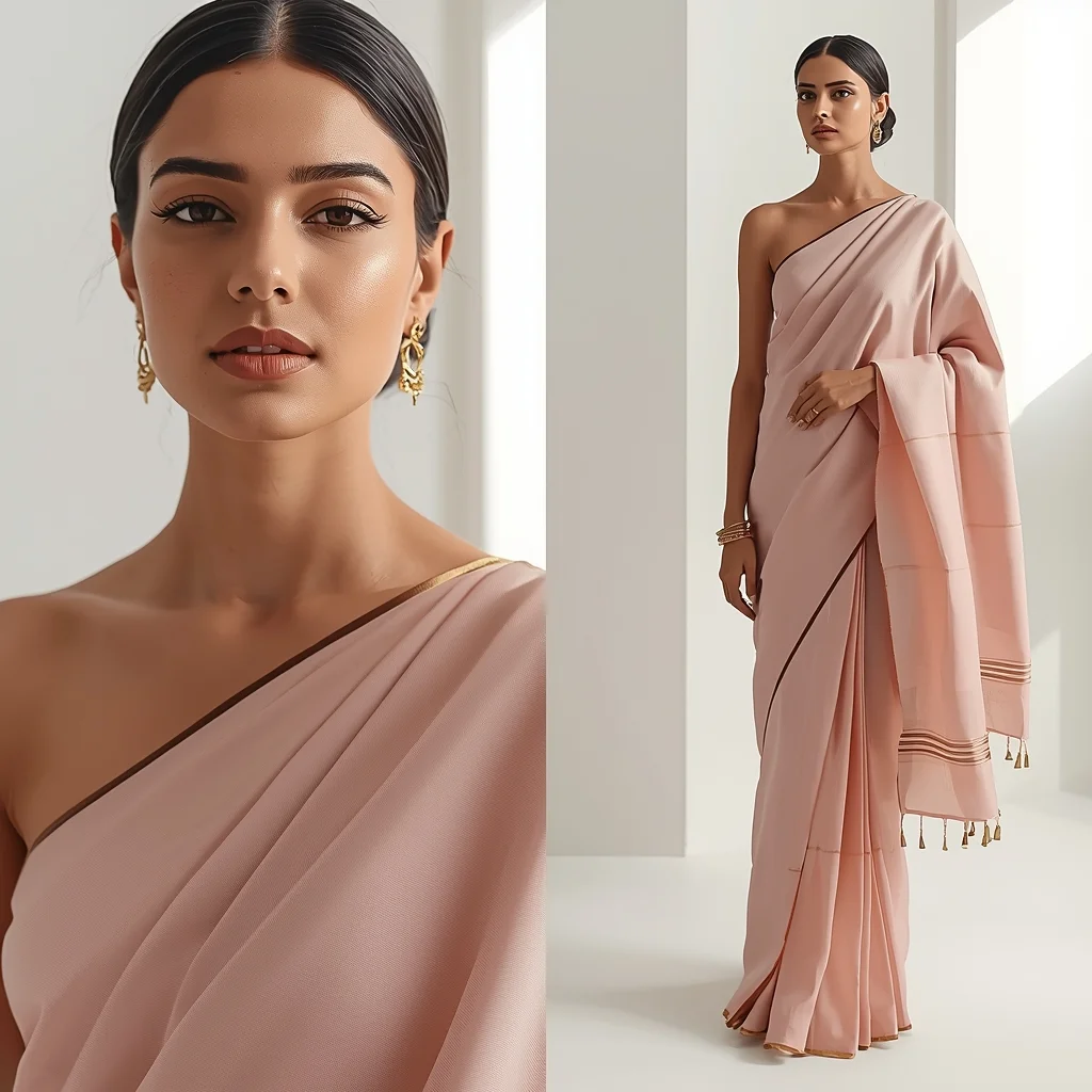 Elegant Modern Saree with Minimal Gold Lines Collage | Soft Premium Vibes Prompt | Saree Photoshoot Prompt Ultra Realistic