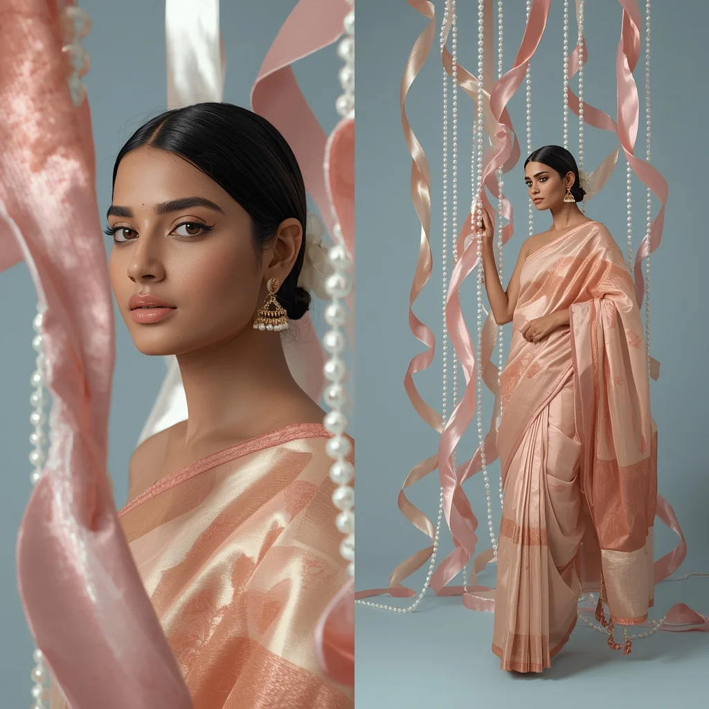 Elegant Pastel Saree Portrait With Levitating Velvet Ribbons And Pearls | Saree Selfie Ai Prompt