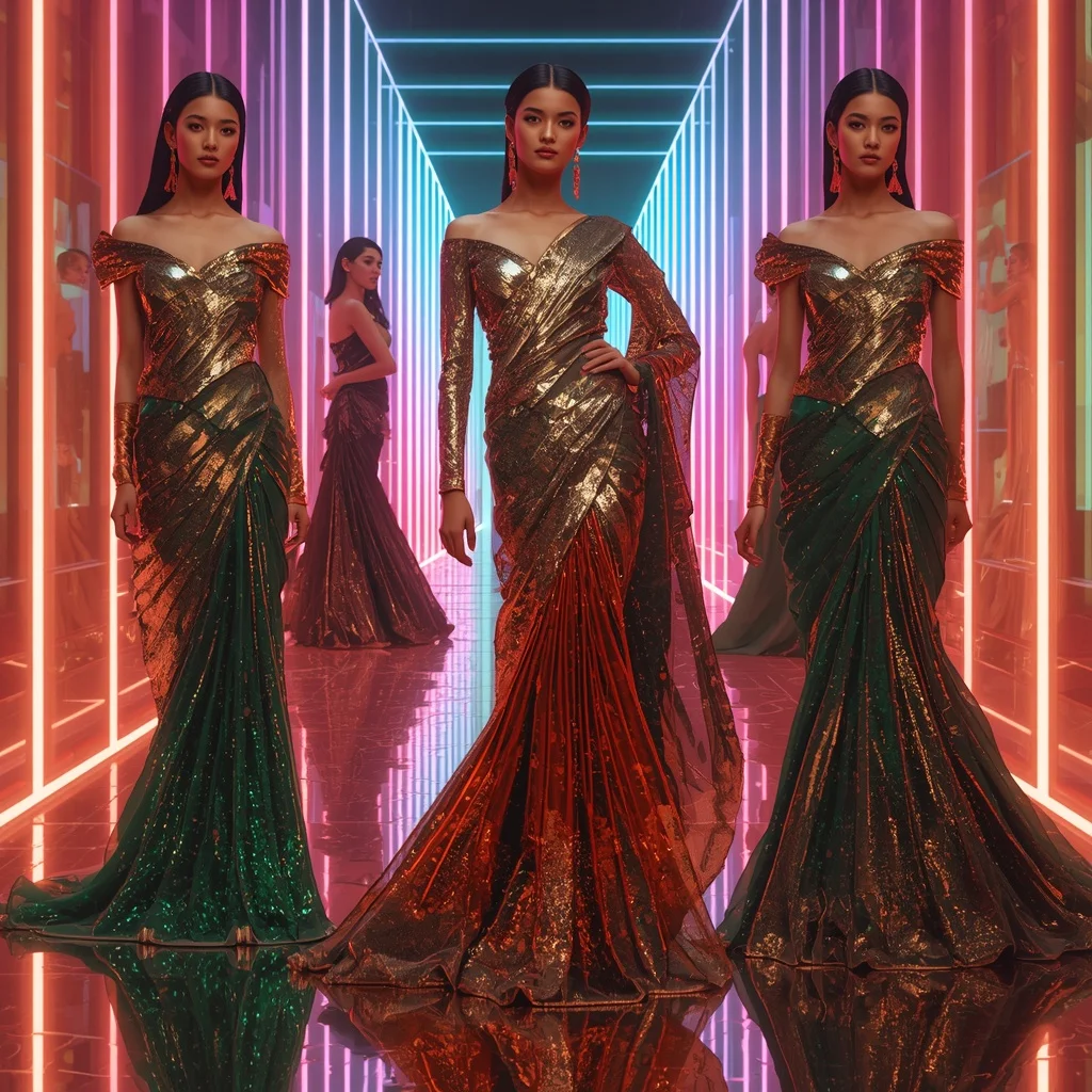 Emerald Aurora Saree with Floating Neon Prism Infinity Sanctuary Hall | Prompt Generator