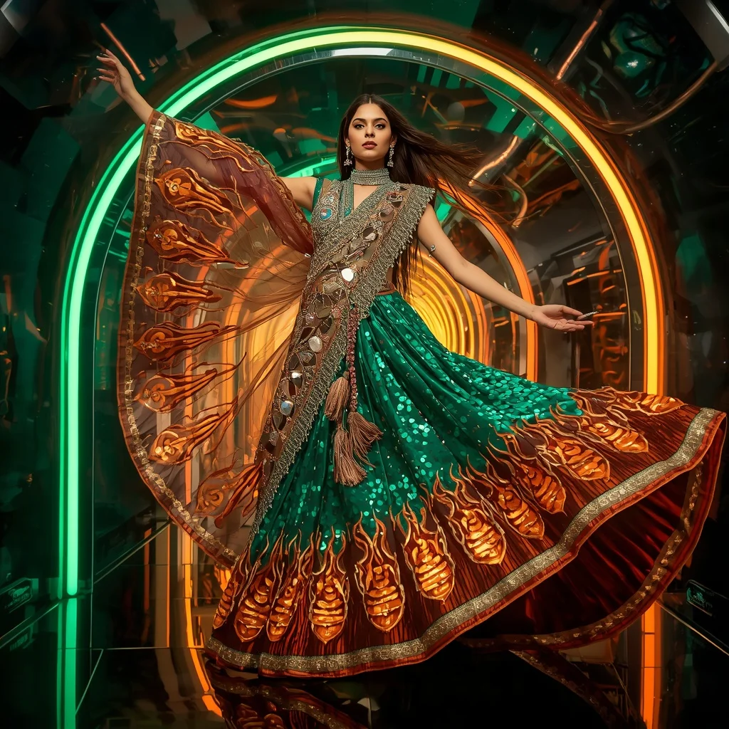 Emerald Blaze Infinity Saree with Neon Crystal Arches | Indian Bridal Ai Portrait