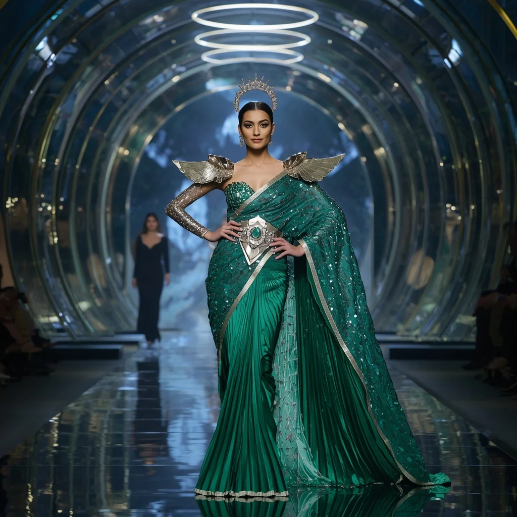 Emerald Crystal Crown Saree with Infinity Halo Imperial Dominion | Lighting Ai Prompt