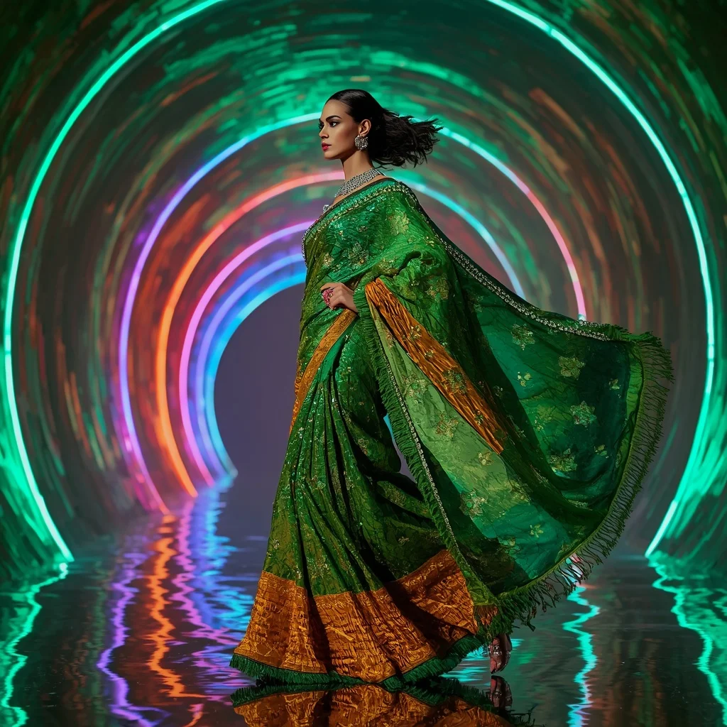 Emerald Firestorm Prism Saree with Curved Plasma Palace | Gemini Ai Photo Prompt