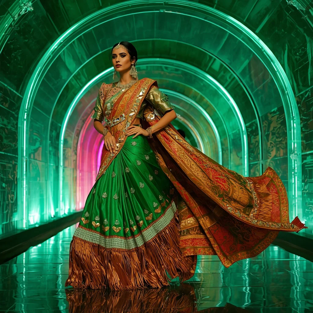Emerald Firestorm Prism Saree with Curved Plasma Palace | Instagram Model Ai Prompt