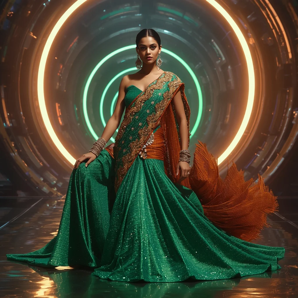 Emerald Flame Eclipse Saree with Holographic Crystal Orbit Rings | Luxury Ai Prompt