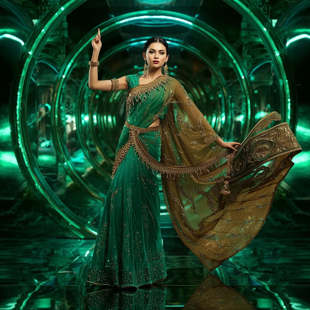 Emerald Galaxy Royale Saree with Floating Aurora Rings | Fashion Influencer Ai Prompt