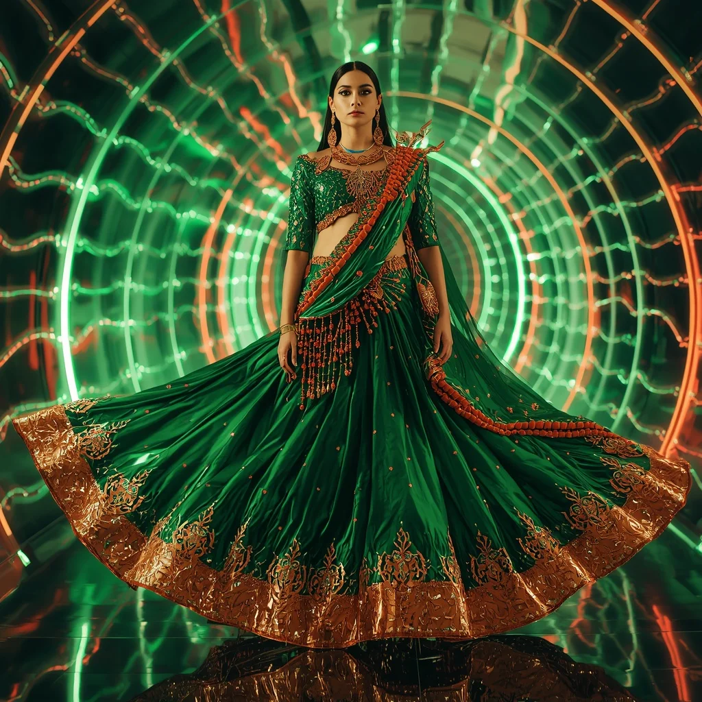 Emerald Inferno Crystal Saree with Neon Solar Hallway | Wedding Saree Ai Prompt
