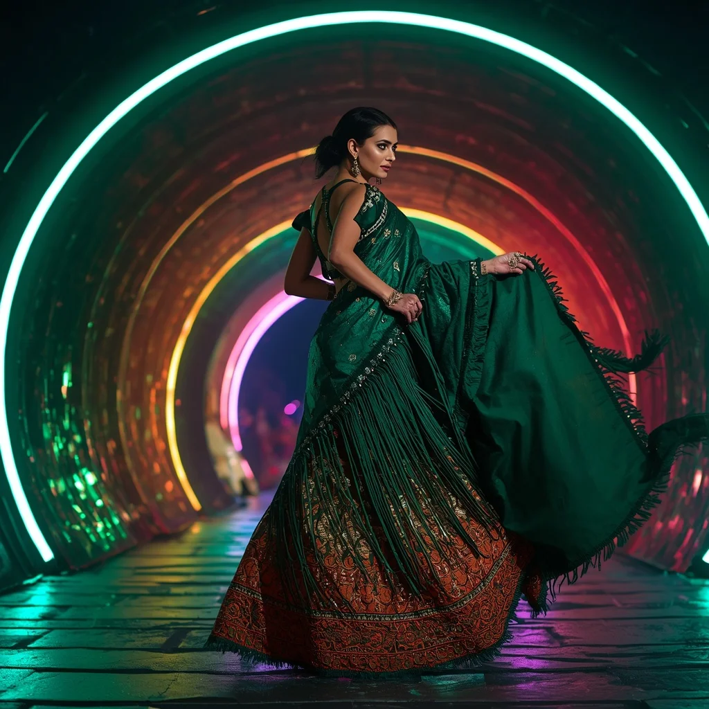 Emerald Inferno Royale Saree with Curved Plasma Empire | Saree Prompt For Instagram