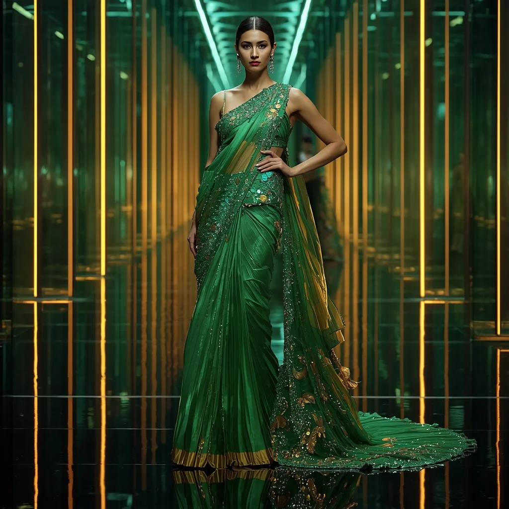 Emerald Phoenix Crystal Saree with Prism Reflection Hall | Royal Rajputana Girl Prompt