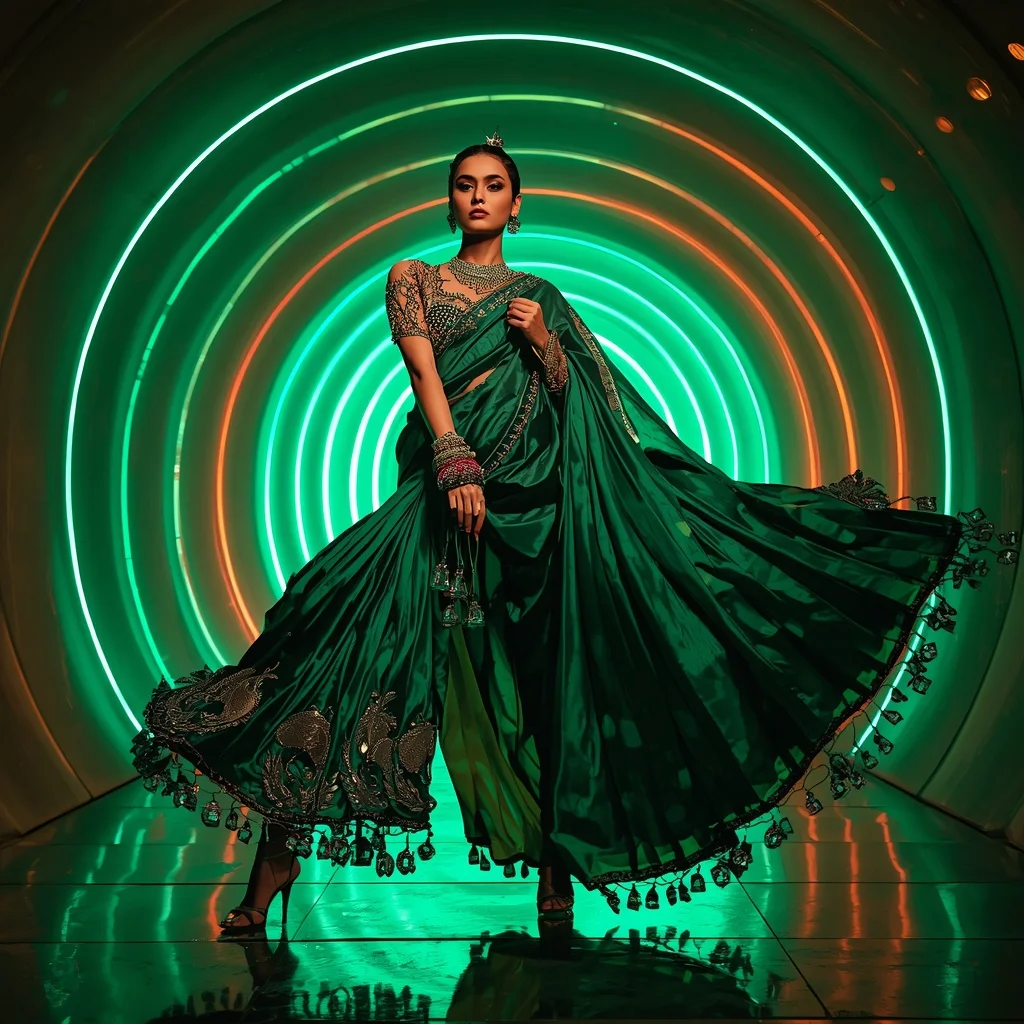 Emerald Phoenix Mirror Saree with Curved LED Infinity Dome | Prompt For Girls College Ai Photo Editing