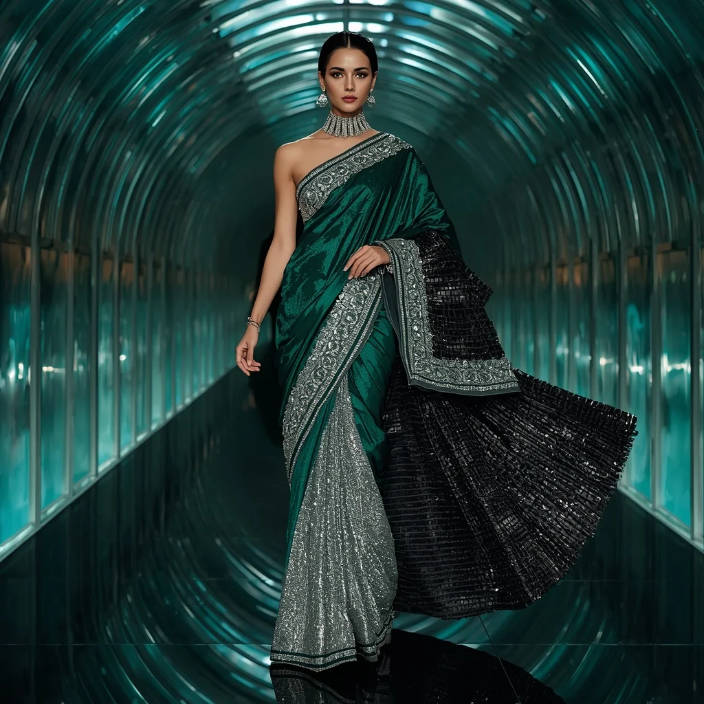 Emerald Titanium Infinity Saree with Curved Prism Skyline Corridor | Instagram Aesthetic Ai Prompt