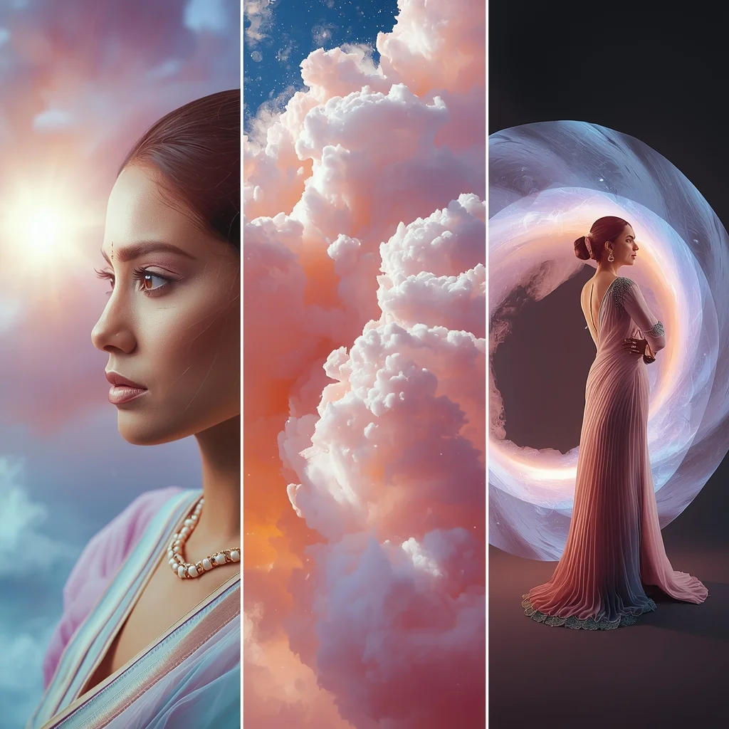 Ethereal Pastel Supernova Cloud Cosmic Saree Fashion Collage | Saree Ai Prompt