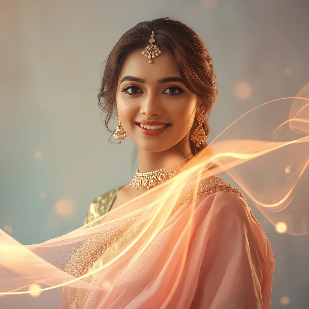 Ethereal Pulse Halo Flow Pastel Saree Indian Woman Premium Composition | Gemini Saree Prompt For Woman