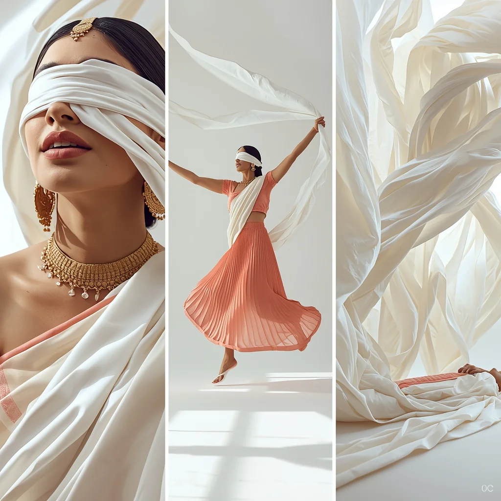 Ethereal White Silk Ribbon Windblown Bright Studio Photography Layout | Saree Woman Ai Prompt
