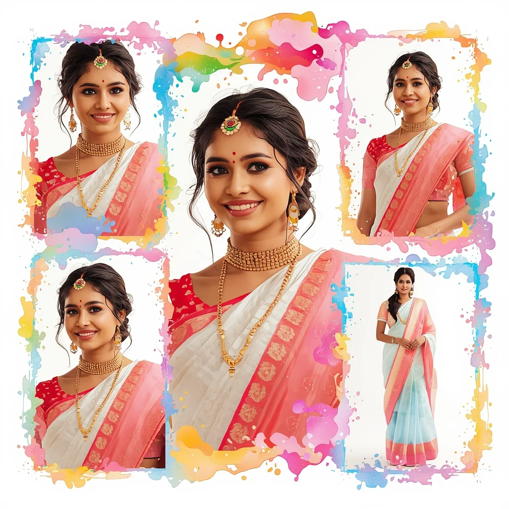 Fancy Festival Saree Soft Watercolor Splash Collage Creative | Saree Instagram Ai Prompt