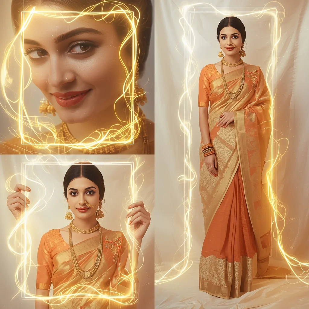 Festival Fancy Saree Golden Thread Loom Collage Creative Art | Saree Pose Ai Prompt