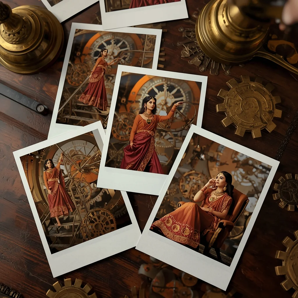 Festive Fancy Saree Clockwork Palace Polaroid Collage | Steampunk Luxury | Indian Girl Saree Ai Prompt 4k Realistic