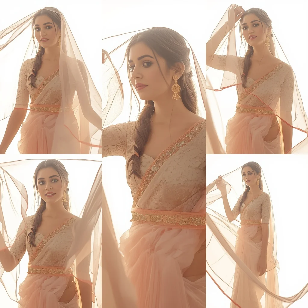 Festive Fancy Saree Floating Chiffon Veil Collage Soft Aesthetic | Saree Prompt For Women