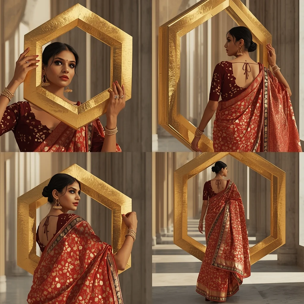 Festive Fancy Saree Levitating Gold Leaf Geometry | Gemini Saree Prompt For Instagram