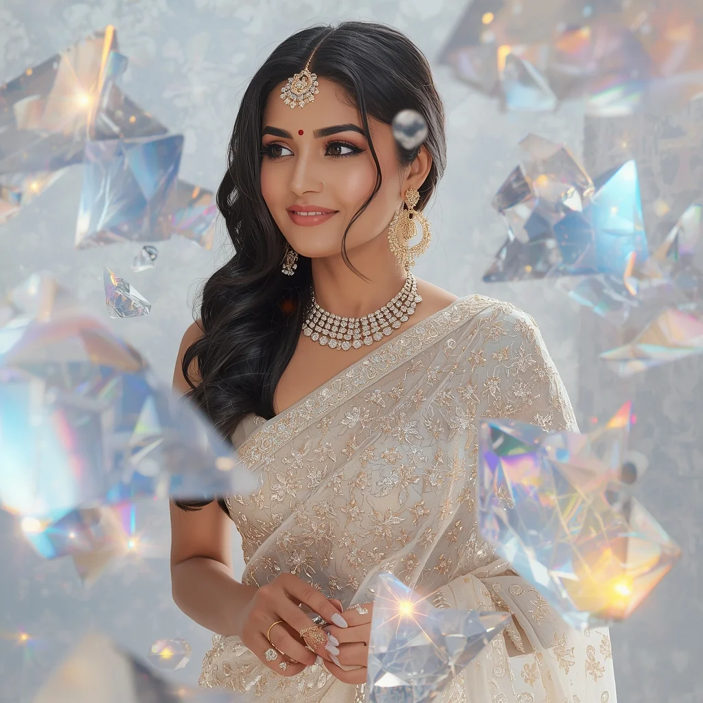 Festive Fancy Saree Platinum Lace Sunlit Glass Dream Aesthetic | Saree Look Ai Prompt Modern Style