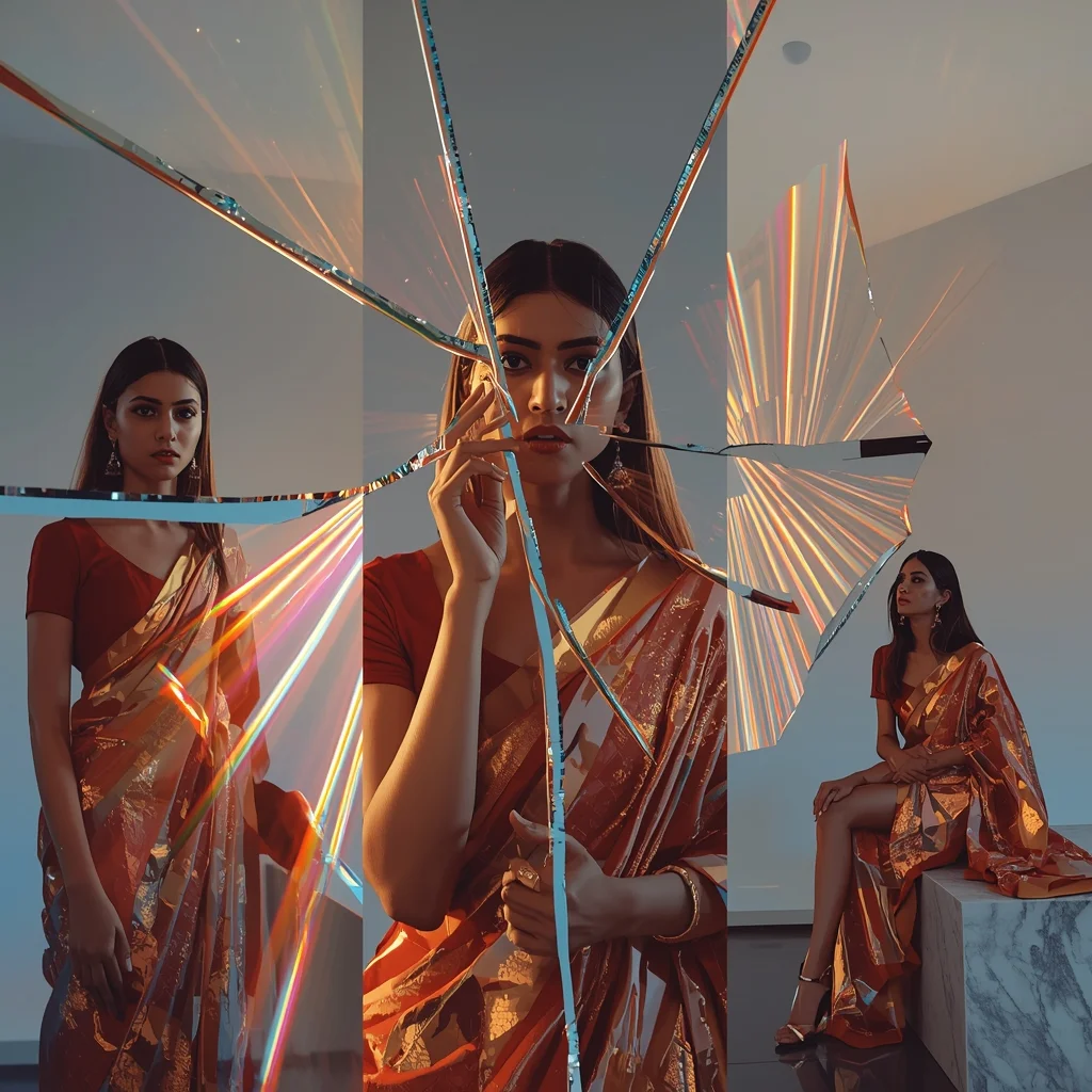 Festive Fancy Saree Shattered Stained Glass Prism | Bridal Saree Ai Prompt