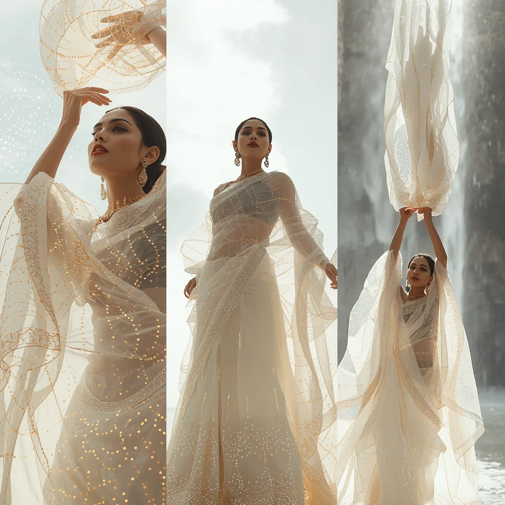 Festive Fancy Saree Tachyon-Pulse Hologram-Data Chiffon | Gemini Saree Prompt For Girl