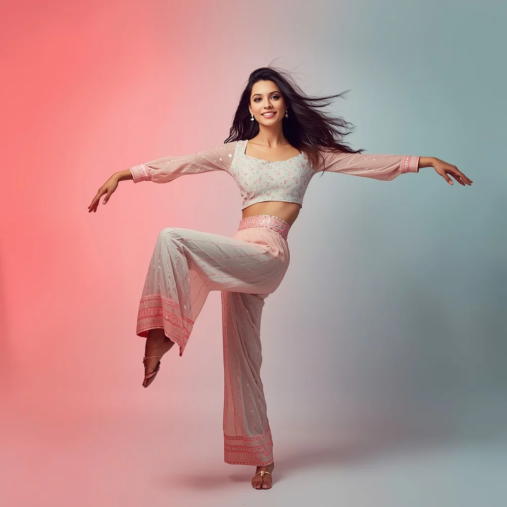Festive Indo-Western Girl One-Leg Lift Balance Pose | Hd Image Prompt