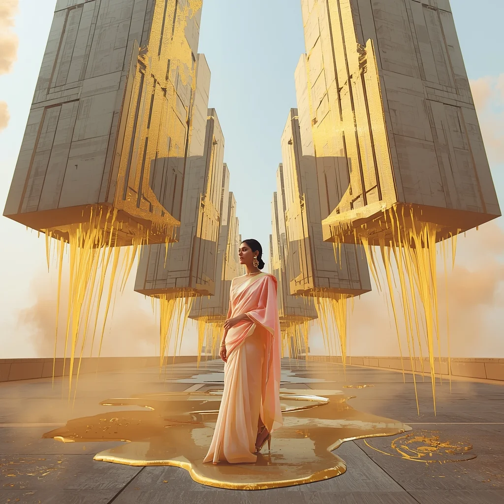 Festive Pastel Saree Architectural Brutalist Floating Gold Monolith Collage Luxury Cinematic | Beautiful Saree Girl Ai Prompt