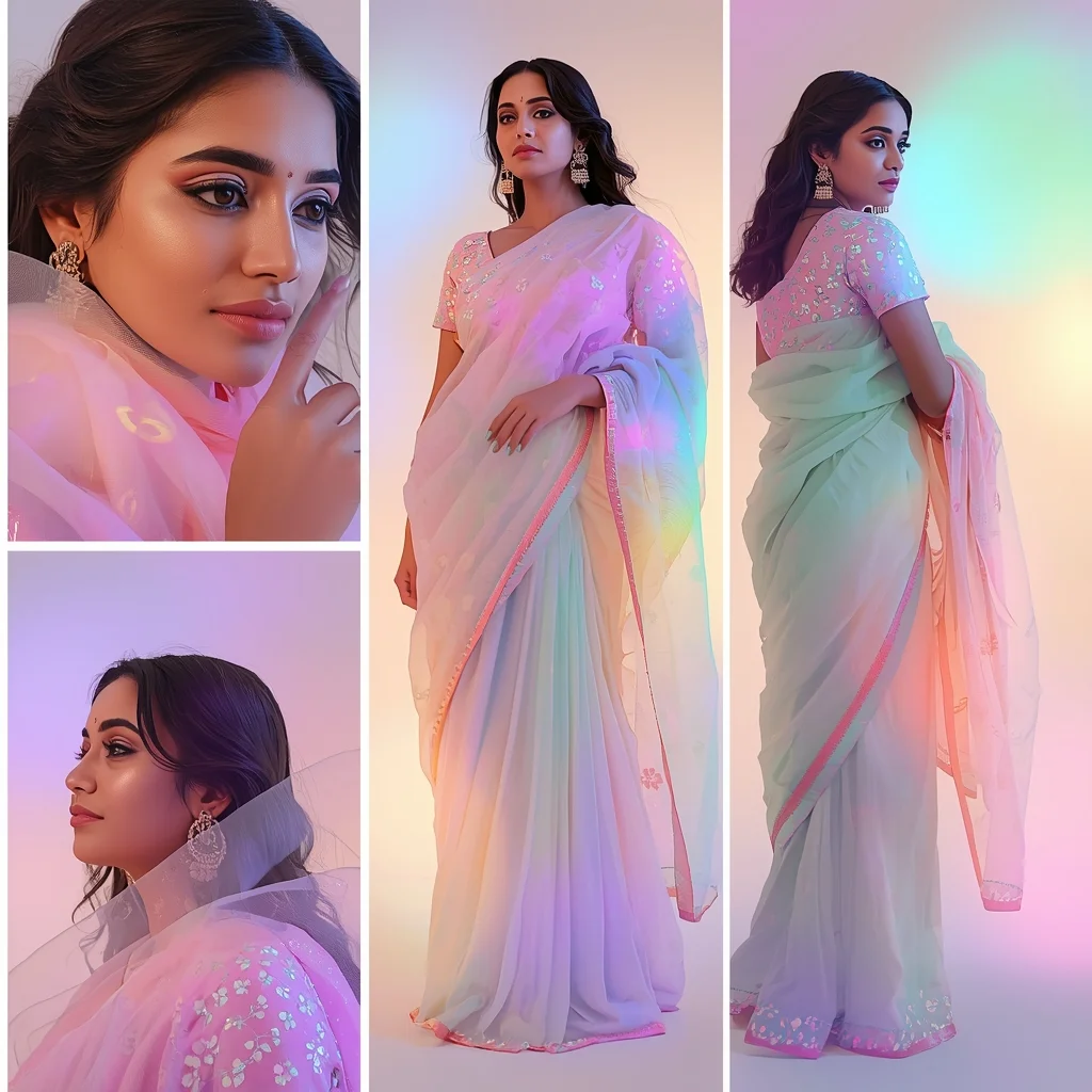 Festive Pastel Saree Aurora Mist Collage | Indian Girl Dreamy Glow Aesthetic Soft Cinematic Ultra Realistic Viral Prompt | Trending Ai Prompt