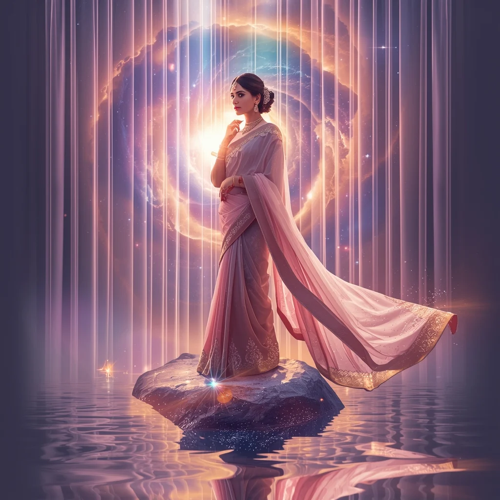 Festive Pastel Saree Cosmic Ethereal Light Curtain Nebula Vortex Mirror Island Crystal Storm Collage | Majestic Eternal Flux Prompt | Saree Woman Ai Prompt