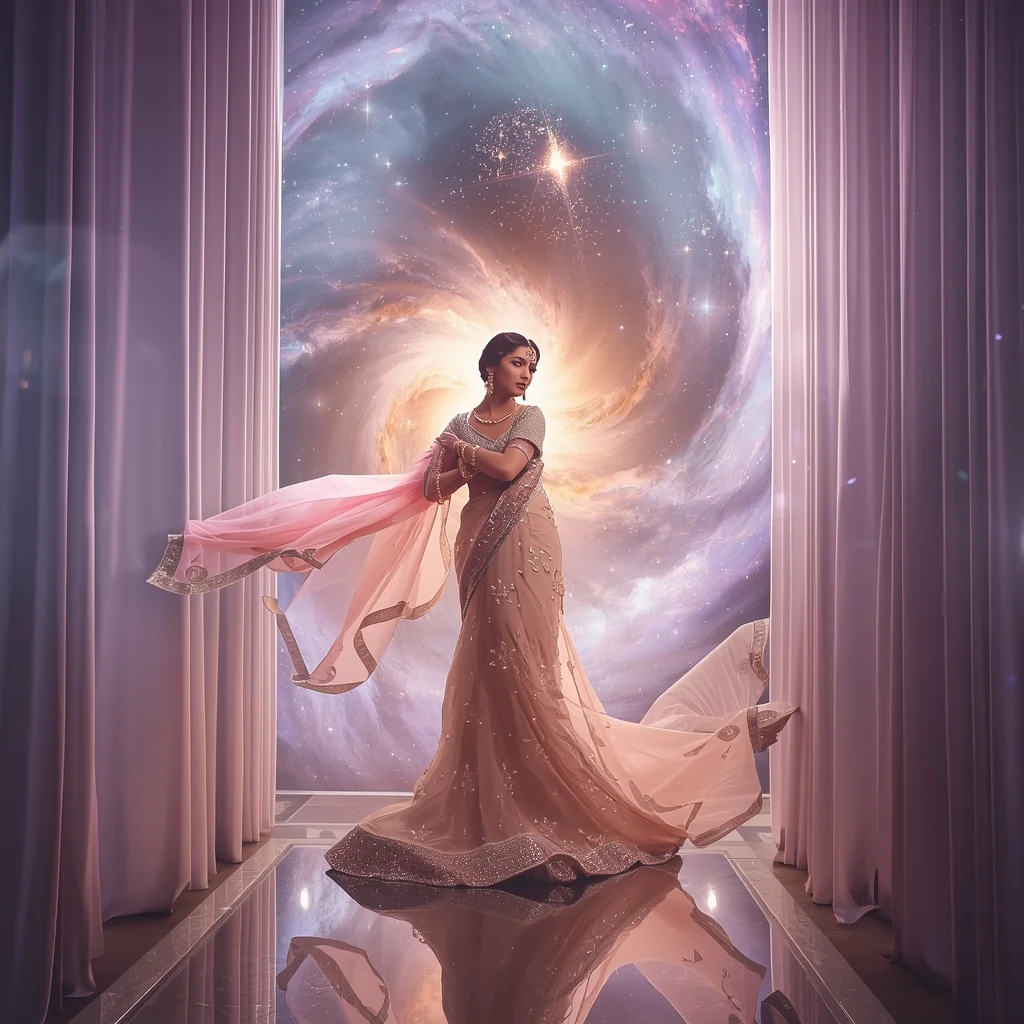Festive Pastel Saree Cosmic Flux Light Curtain Nebula Vortex Mirror Island Crystal Storm Collage | Majestic Eternal Harmony Prompt | Traditional Saree Ai Prompt