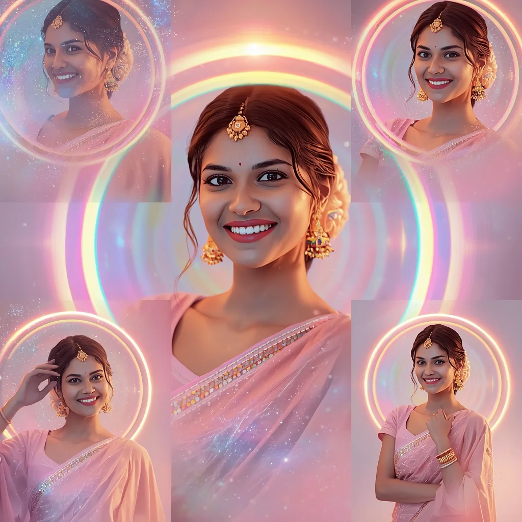 Festive Pastel Saree Cosmic Rings Collage | Indian Girl Galaxy Glow Aesthetic Soft Cinematic Viral Prompt | Photo Prompt