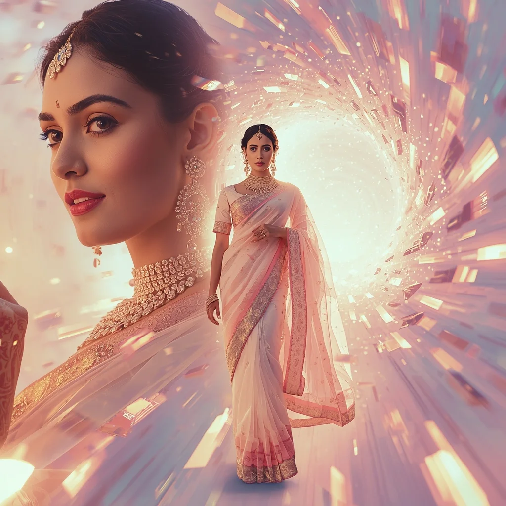 Festive Pastel Saree Ethereal Prism Crystal Tunnel Magnetic Celestial Tornado Storm Collage | Spiral Fantasy Eternal Prompt | Saree Traditional Ai Prompt Indian Culture