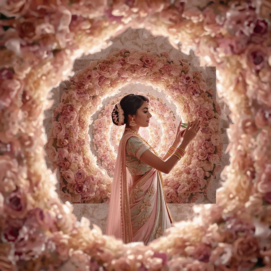 Festive Pastel Saree Floral Dome Collage | Indian Girl Bloom Depth Aesthetic Soft Cinematic Viral Prompt | Midjourney Prompt List
