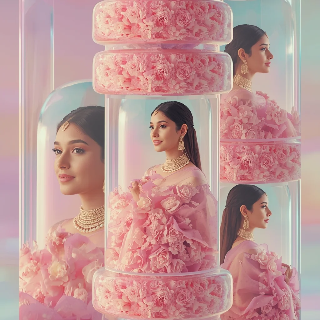 Festive Pastel Saree Floral Dome Collage | Indian Girl Bloom Depth Aesthetic Soft Cinematic Viral Prompt | Text To Image Prompt