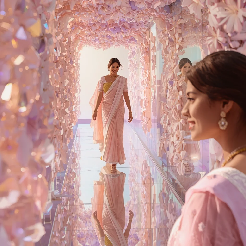 Festive Pastel Saree Floral Reflection Collage | Indian Girl Bloom Depth Aesthetic Soft Cinematic Viral Prompt | Saree Ai Prompt