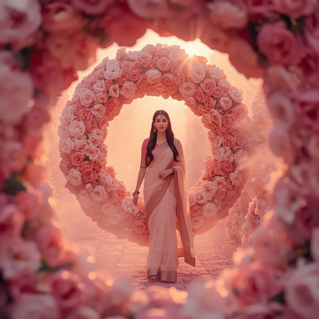 Festive Pastel Saree Floral Spiral Collage | Indian Girl Bloom Depth Aesthetic Soft Cinematic Viral Prompt | Gemini Ai Saree Photo