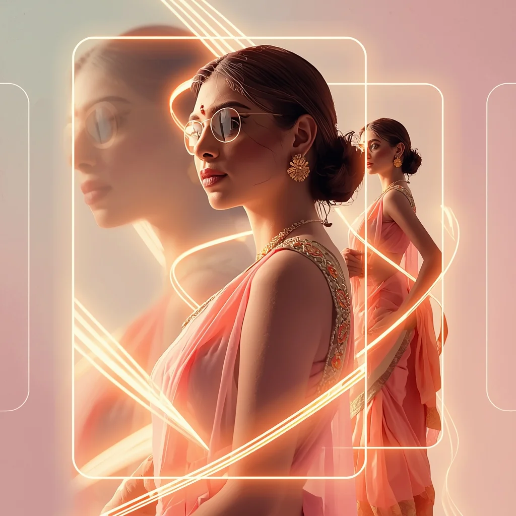 Festive Pastel Saree Glow Line Art Frame Collage Modern Aesthetic | Saree Aesthetic Ai Prompt For Pinterest
