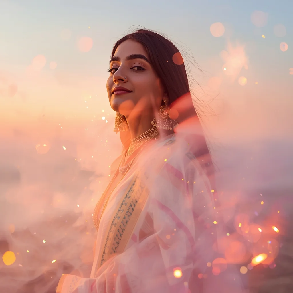 Festive Pastel Saree Glow Vapor Horizon Layers Collage Premium Cinematic | Prompt For Traditional Look For Girl Instagram