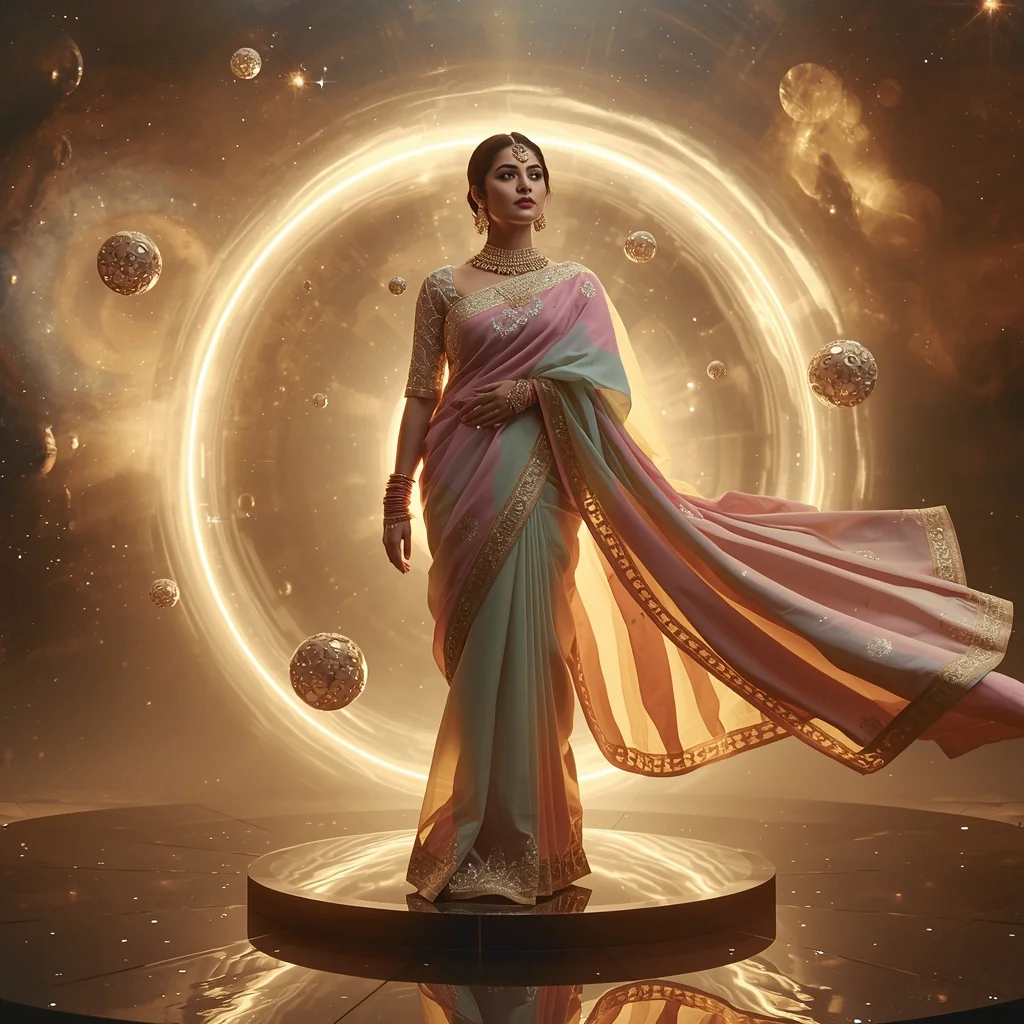 Festive Pastel Saree Golden Aurora Nebula Vortex Collage | Eternal Supreme Prompt | Ai Photo Prompt For Girls College