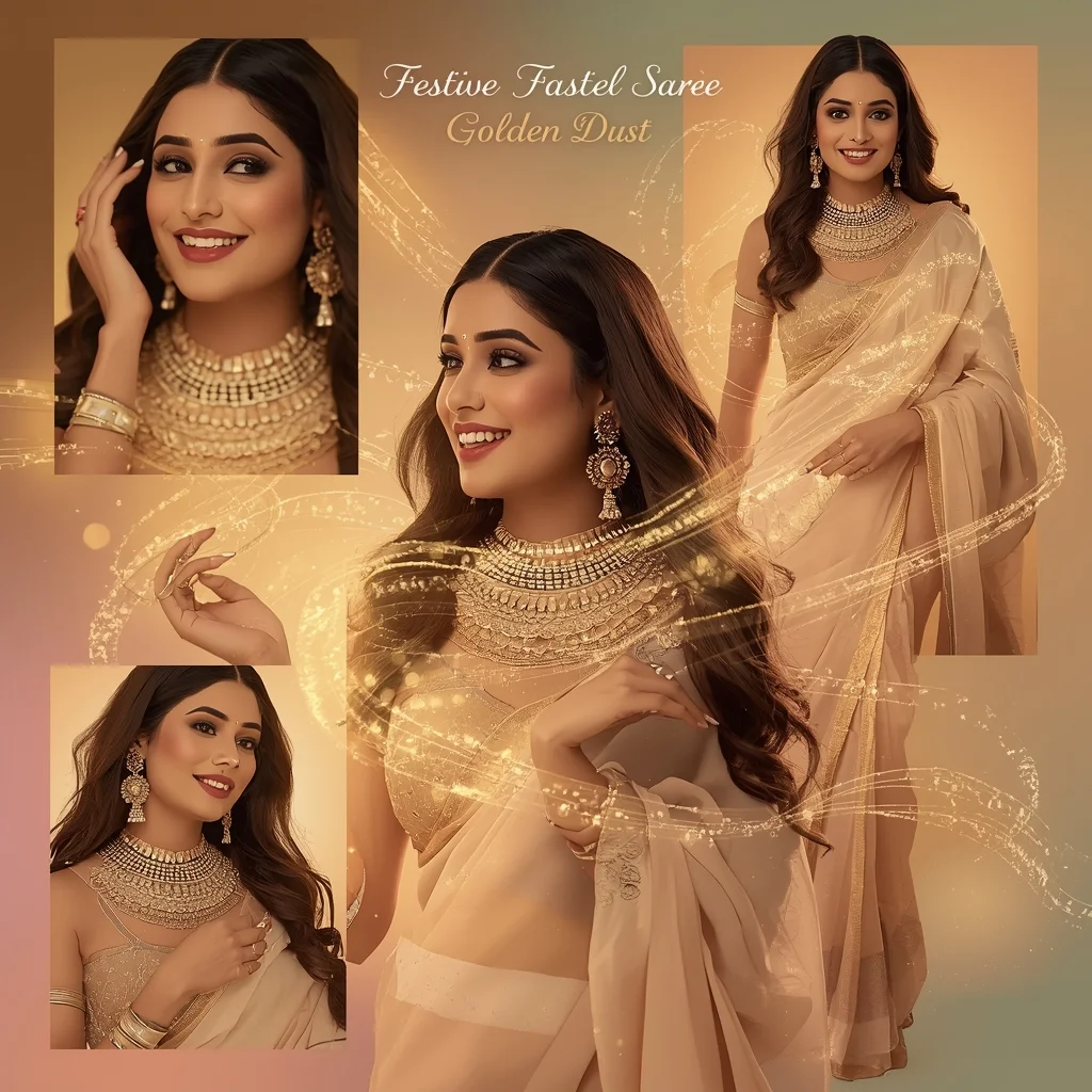 Festive Pastel Saree Golden Dust Collage | Indian Girl Luxury Motion Glow Aesthetic Cinematic Viral Prompt | Saree Prompt Generator
