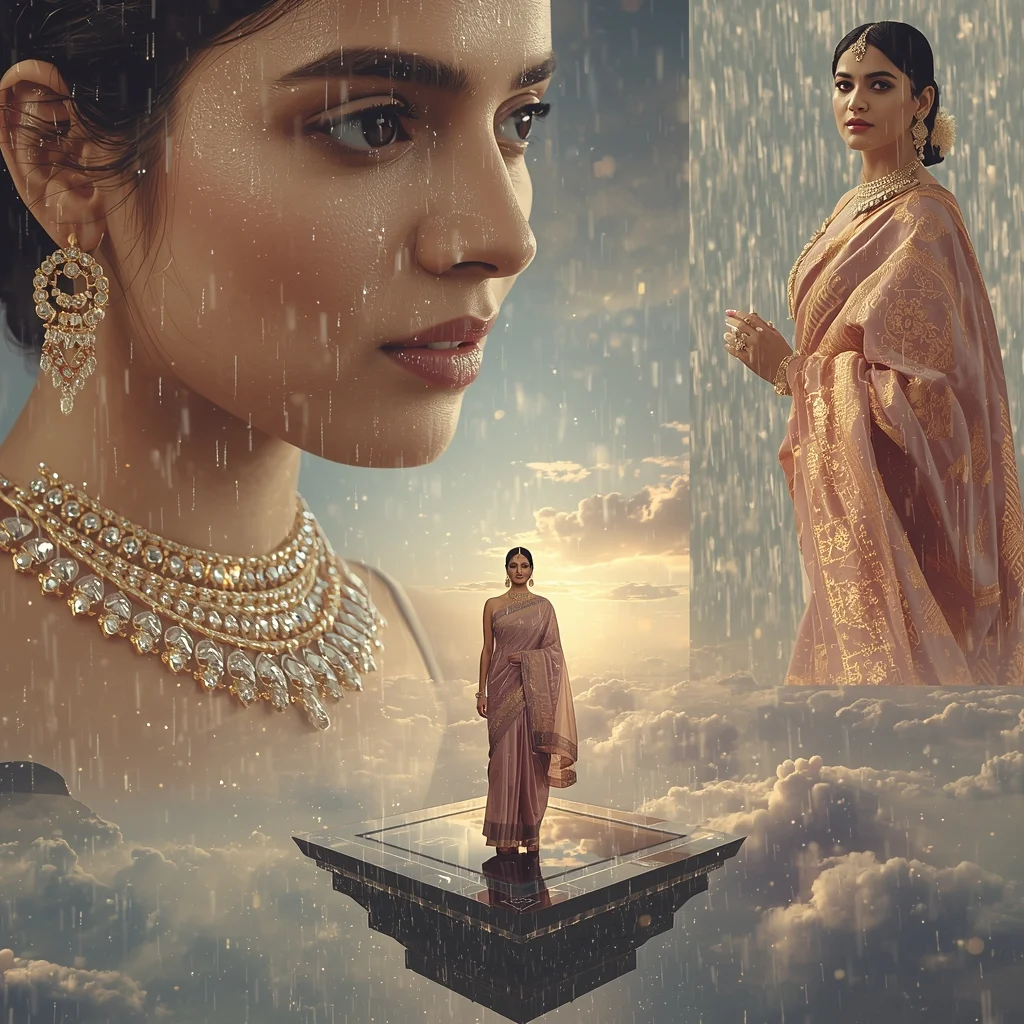 Festive Pastel Saree Heavenly Celestial Mirror Island Collage | Enchanted Crystal Rain Prompt | Gemini Saree Ai Photo Prompt