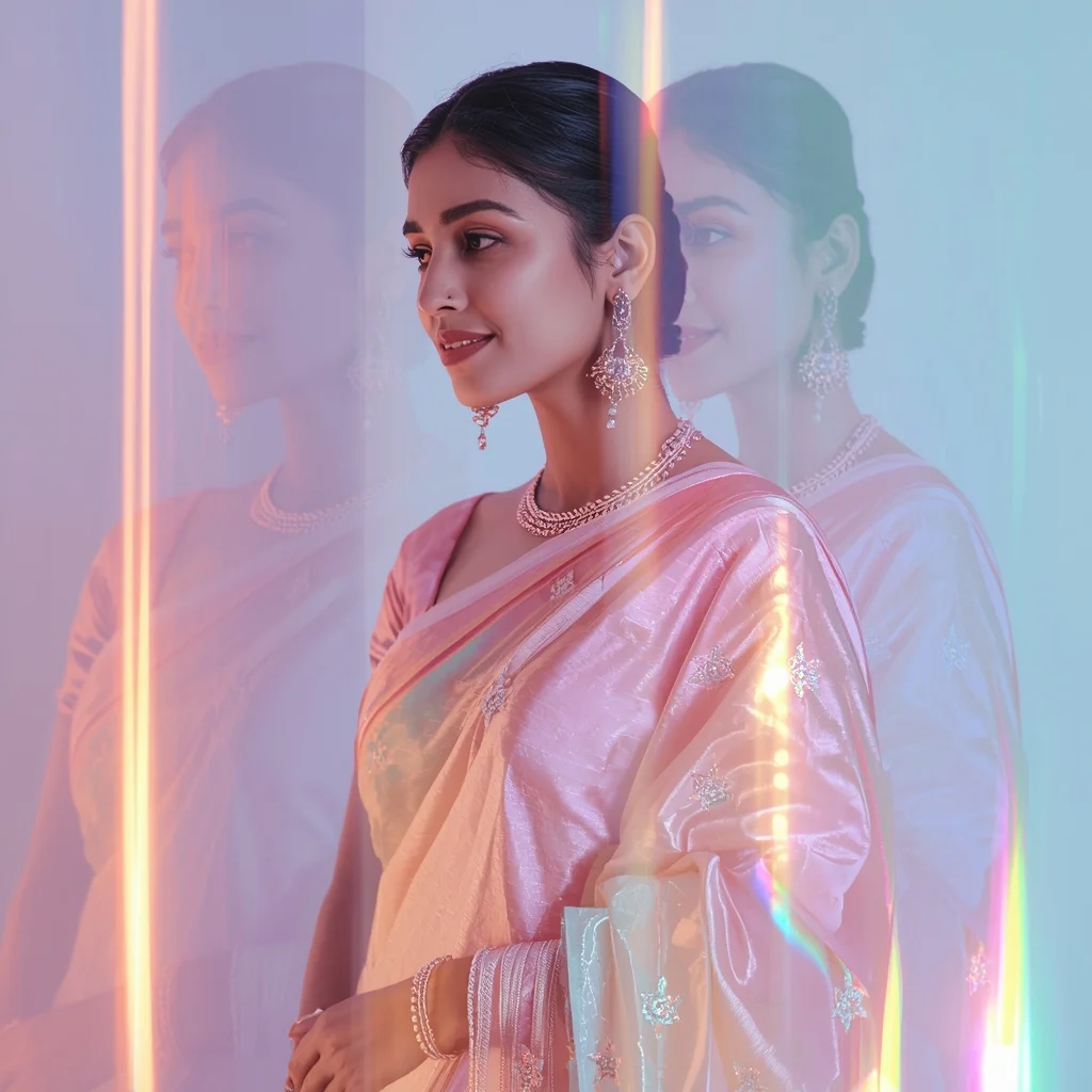 Festive Pastel Saree Holographic Aura Spectrum Flow Collage Cinematic Aesthetic | Bridal Saree Ai Prompt