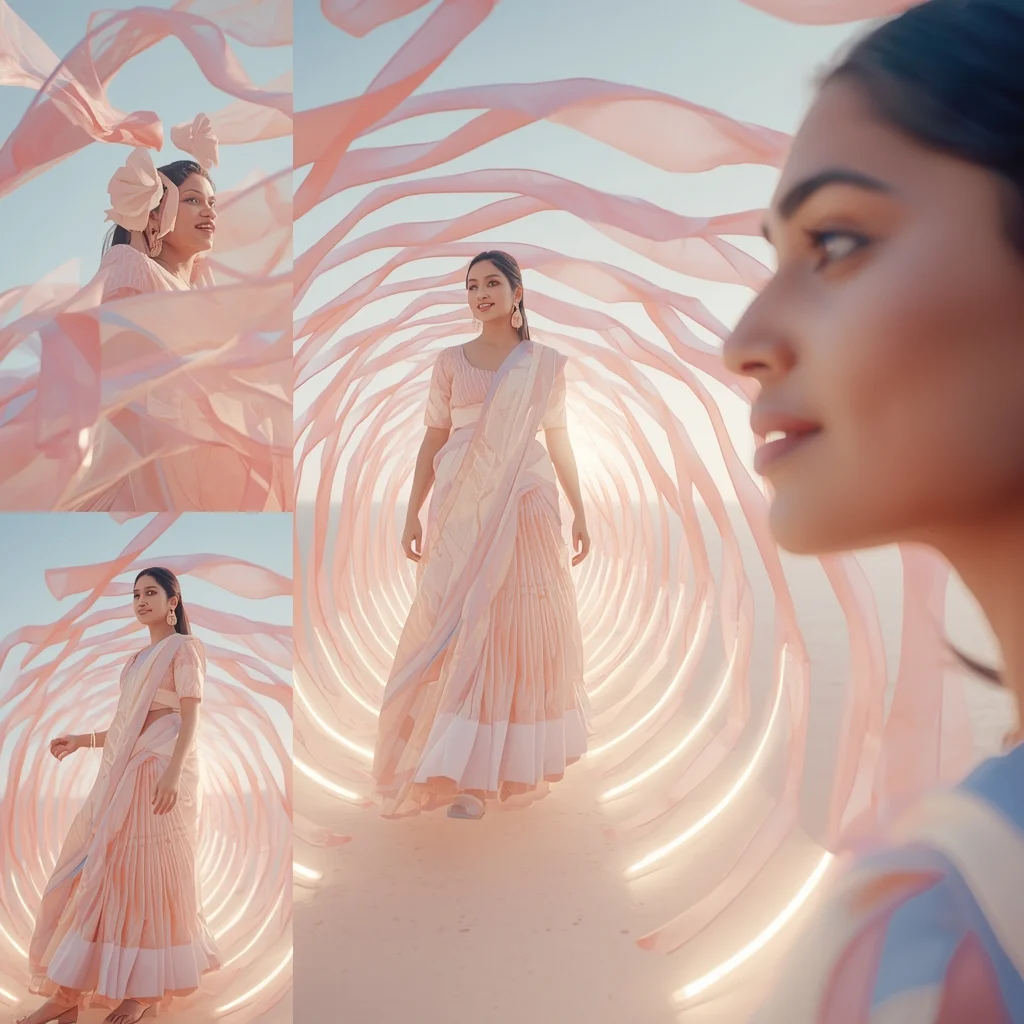 Festive Pastel Saree Horizon Spiral Collage | Indian Girl Light Motion Aesthetic Soft Cinematic Viral Prompt | Saree Prompt For Women