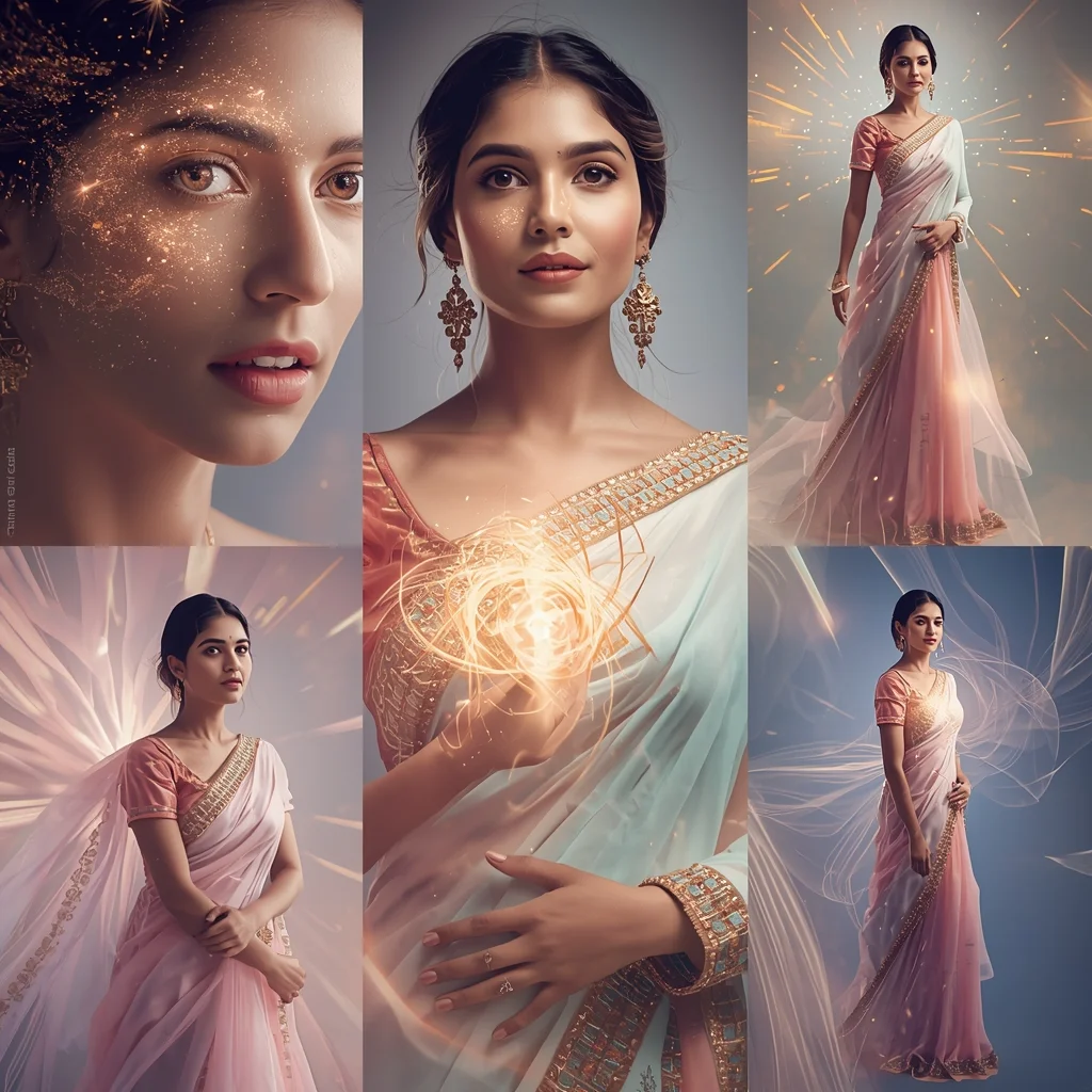 Festive Pastel Saree Hypnotic Ripple Vortex Energy Core Collage | Mesmerizing Glow Prompt | Indian Bride Saree Ai Prompt