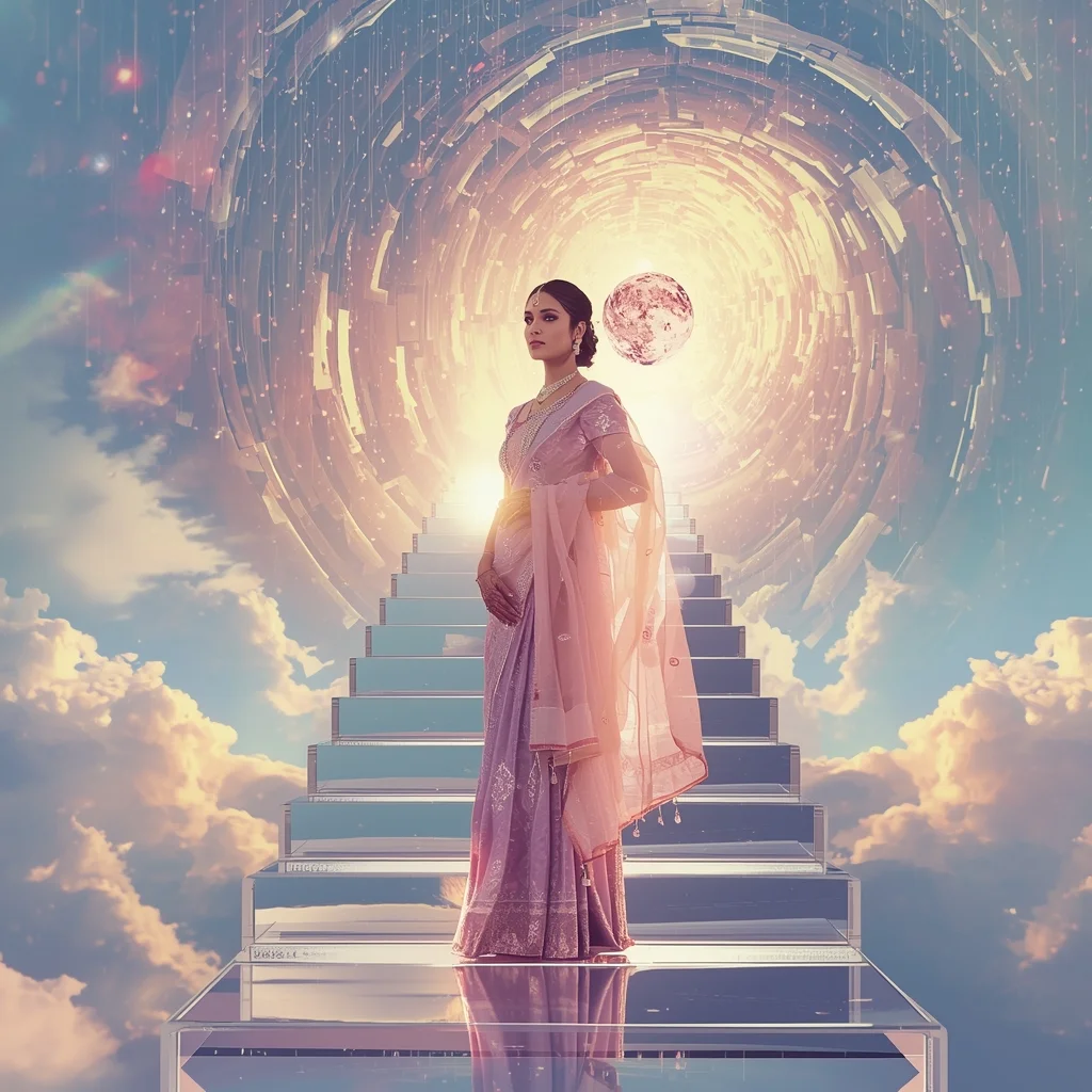 Festive Pastel Saree Infinite Ethereal Ripple Prism Mirror Vortex Crystal Stair Collage | Sky Celestial Reflection Prompt | Gemini Ai Prompt Saree Copy Paste