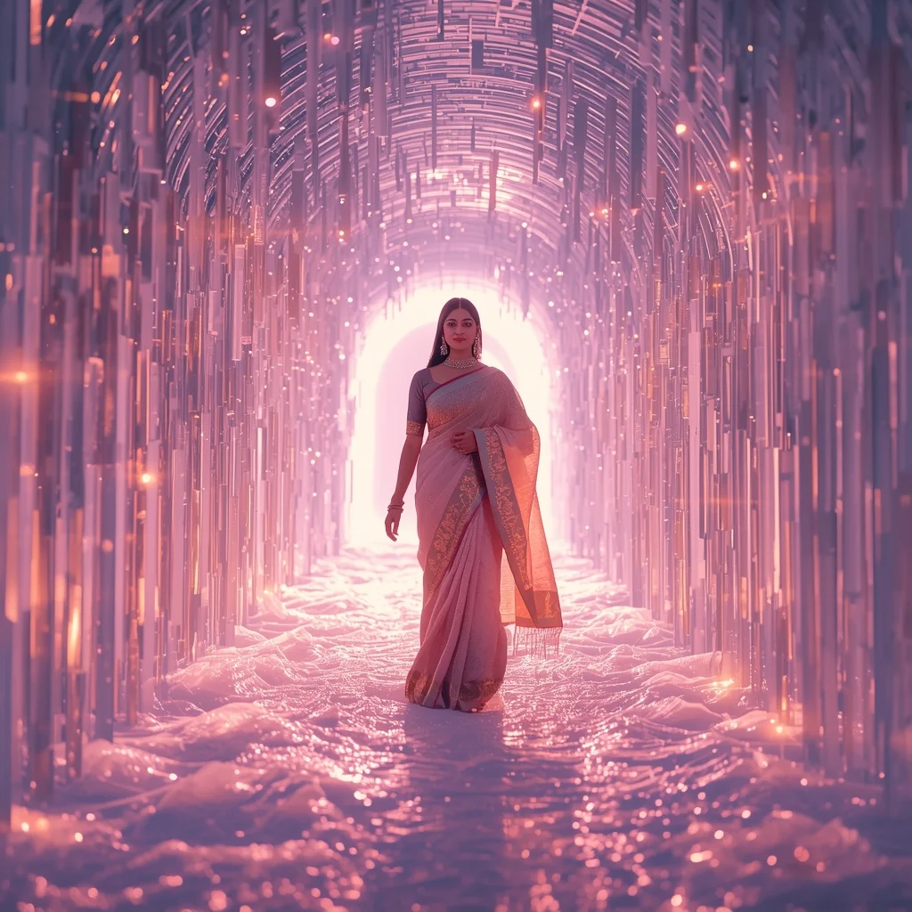 Festive Pastel Saree Magical Ethereal Crystal Tunnel Collage | Magical Fantasy Prompt | Prompt For Gemini Ai Saree Look Couple