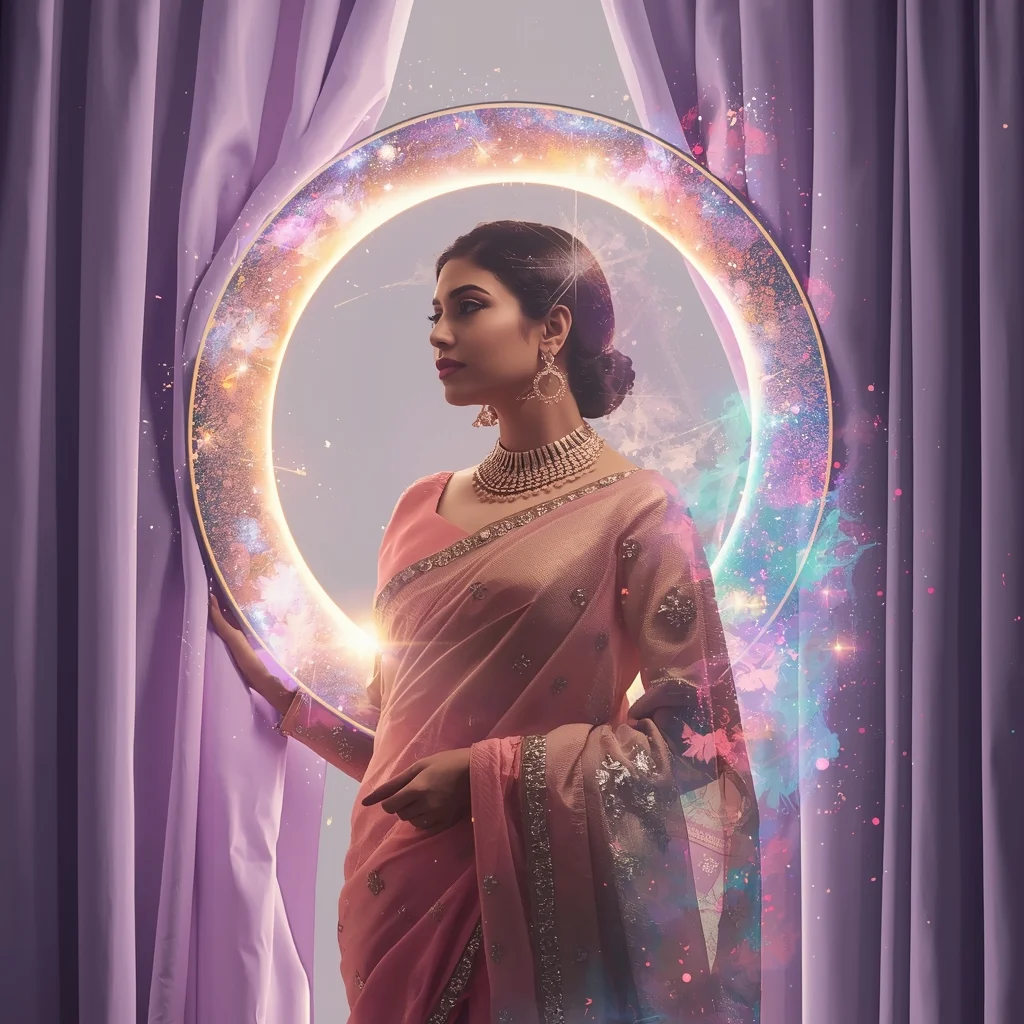 Festive Pastel Saree Magnetic Flux Veil Curtain Galaxy Particle Storm Dissolve Collage | Dramatic Cosmic Harmony Prompt | Saree Ai Prompt