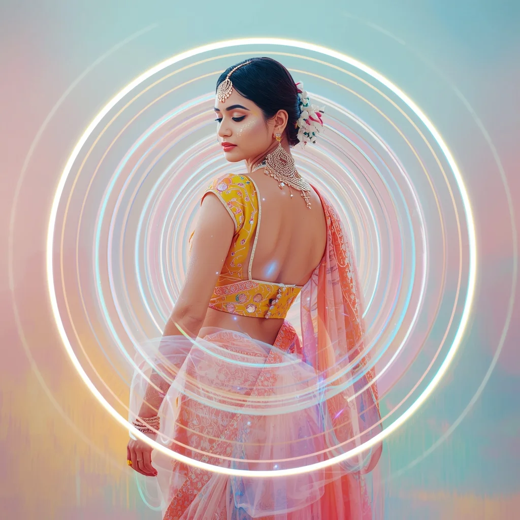 Festive Pastel Saree Neon Pulse Arc Rings Collage Modern Cinematic | Aesthetic Saree Ai Prompt