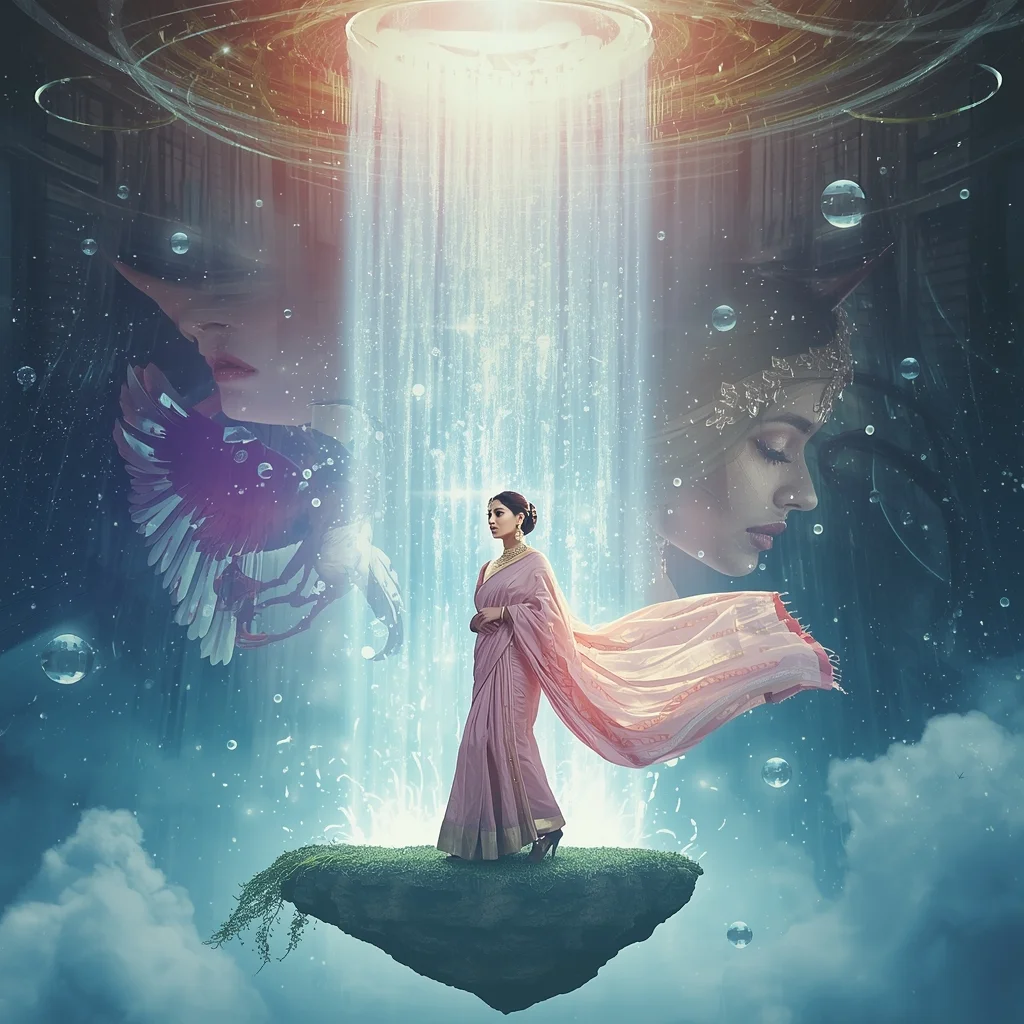 Festive Pastel Saree Phoenix Crystal Waterfall Portal Collage | Mythical Legendary Prompt | New Ai Prompt Text