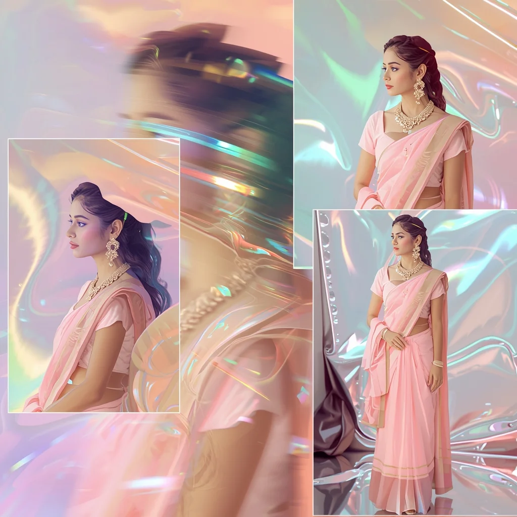 Festive Pastel Saree Reflection Ribbon Collage | Indian Girl Mirror Motion Aesthetic Soft Cinematic Viral Prompt | Indian Bride Saree Ai Prompt